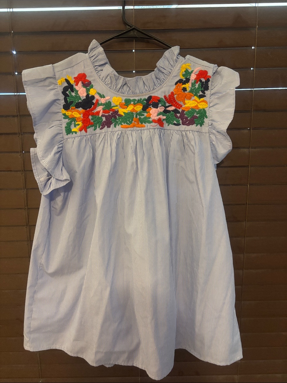 JODIFL Light Blue Ruffled Yoke Top with Multicolor Floral Embroidery